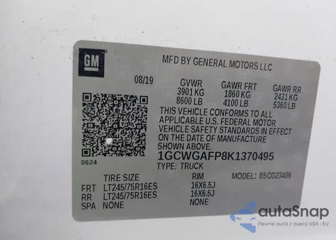 2019 Chevrolet Express 2500 Work Van z USA, uszkodzony, nr VIN 1GCWGAFP8K1370495